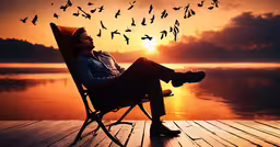 a man is sitting in an empty chair,a man sitting on top of a chair next to the ocean