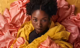 a woman laying on a blanket in a yellow jacket