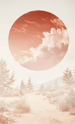 a picture of a desert with pine trees on the horizon and a cloudy sky
