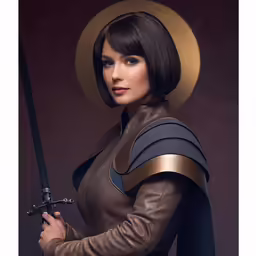 the woman wearing a hat and holding a sword