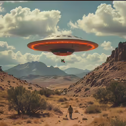 man walking through a desert covered with grass with a large object flying in the sky