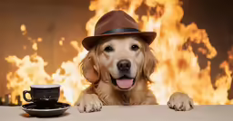 a dog that has a hat on and a cup