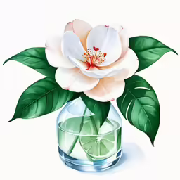 a painting of a flower in a vase with a slice of lime