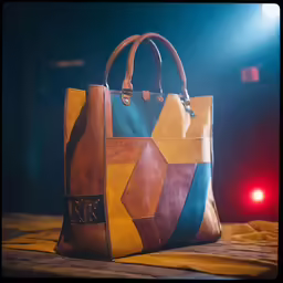 a large colorful handbag sitting on top of a wooden table