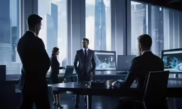 the business man is standing in the middle of a meeting table