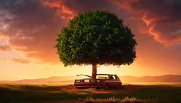 two vehicles that are under a tree,there is a small tree and two cars under the tree