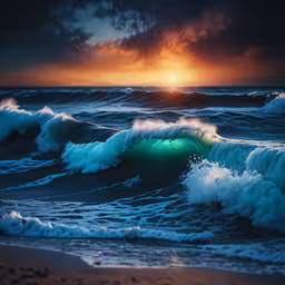 the ocean is covered by breaking waves with the setting sun behind,an ocean with waves, the sun is shining behind them