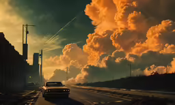 car on roadway with clouds and city skyline in distance
