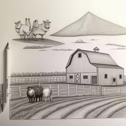 a drawing of animals standing in front of a barn