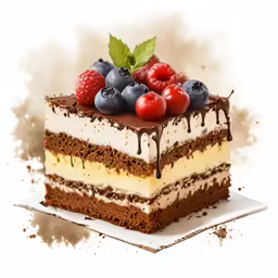 piece of cake with berries, raspberries, and chocolate sauce on it