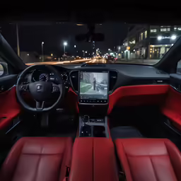 the interior of a red car with its dash lights on
