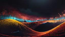 a series of lit up hills, mountains and trees,an artistic photo with red, blue and green fireworks