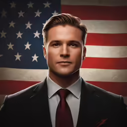 a man in front of an american flag in a suit