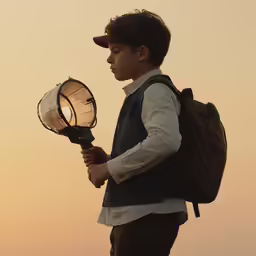 a boy with a backpack holding a badminton racket and a backpack