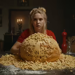 a woman is sitting in front of a giant piece of bread