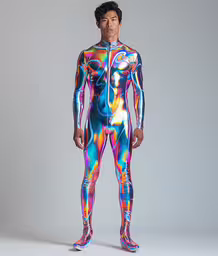 a man in a multicolored body suit,a man is wearing a rainbow colored full body costume