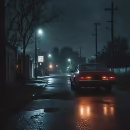 a car is parked on the road near the street lamps