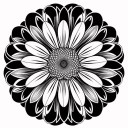 an abstract black and white daisy illustration,a black and white image of a large flower