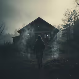 a person standing near a house in the forest