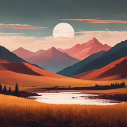 a painting of a river in the middle of some mountains,an abstract painting of mountains with a lake in the foreground