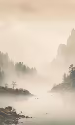a lake surrounded by fog and birds flying