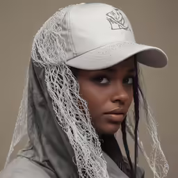 a model wears a white baseball cap covered in crochets