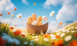 a basket filled with eggs surrounded by daisies
