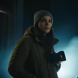 a woman is holding a camera while standing in the dark