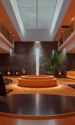 the lobby has circular orange seats near a plant