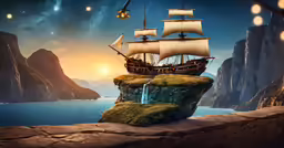 a pirate ship on top of a cliff near the ocean