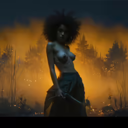 an artistic rendering of a women naked with flames in the background