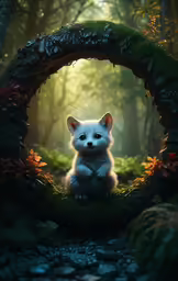 a baby white cat is sitting under a round decoration
