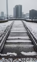 a snowy view of the city over a rail