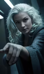 a woman with blonde hair pointing a hand at something