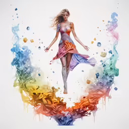 a colorful girl is leaping with her arms outstretched