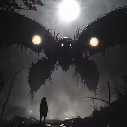 a man standing under a giant demonic insect