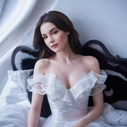 woman sitting in bed posing for the camera