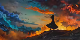 the woman is standing in front of a large painting of mountains