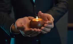 the person is holding out a small wooden container with a burning candle in it
