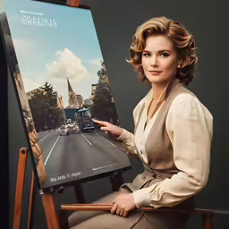 a woman sitting down with a poster near her