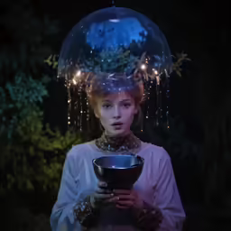 a young lady with very large headpiece holding a bowl