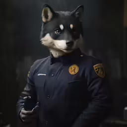 a man in black police uniform with a husky mask on