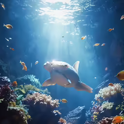 a shark and several fish swimming over an aquarium