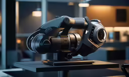 a closeup of a camera on a table in a large room