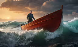 a man standing on the front of a red boat in a large body of water,a man is rowing his boat through the water