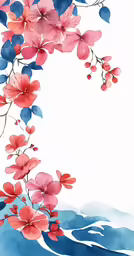an image of an oriental style painting of red and blue flowers