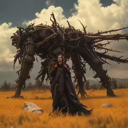 woman in black dress standing near large metal horse sculpture