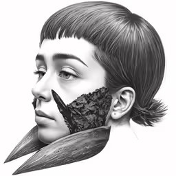 the side view of a woman with her head covering by black and white pencils