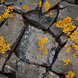 yellow flowers growing on black rock like flooring