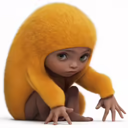 a cartoon looking kid with big eyes and a hood over his head